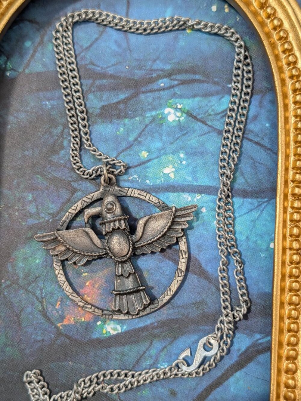 Vintage Pewter Totem Bird Pendant on Hong Kong Stamped Silver Tone Chain